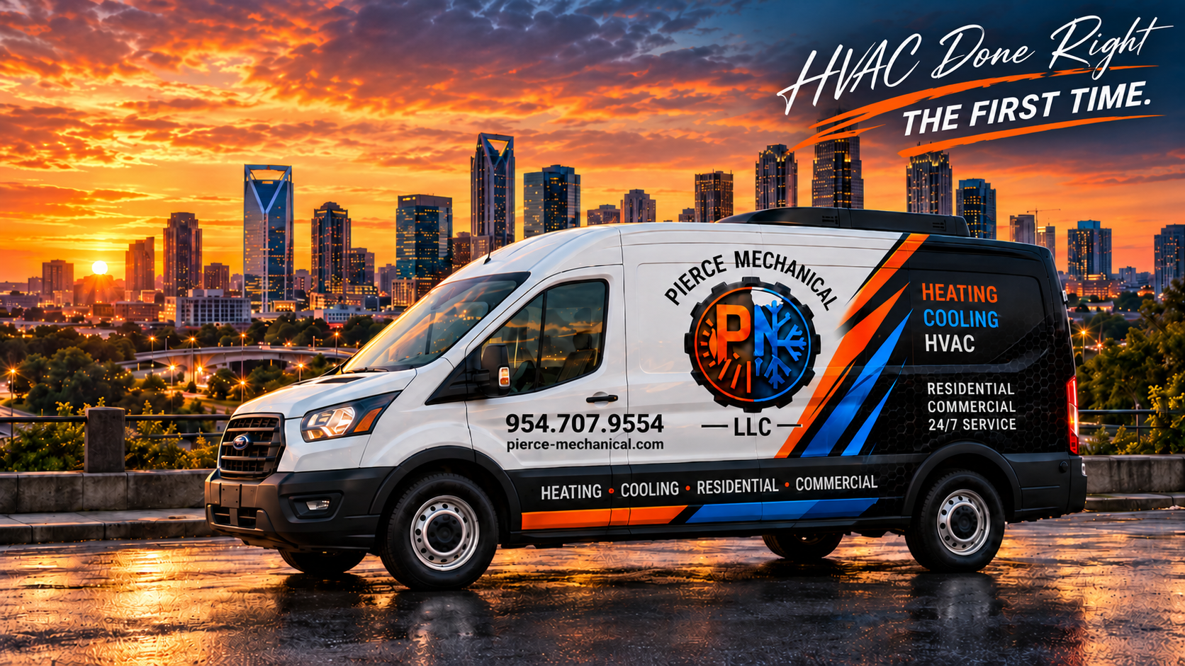 Pierce Mechanical service van over a sunset skyline